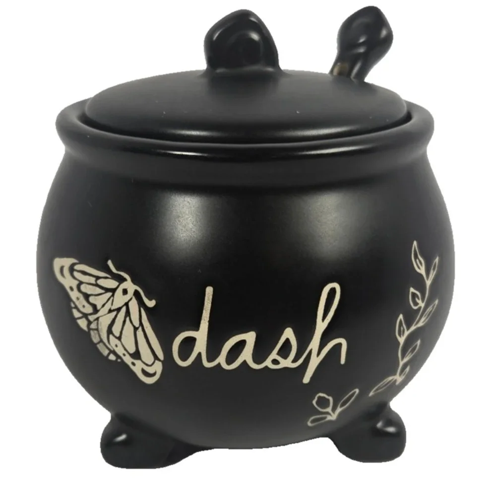 Rae Dunn DASH Cauldron Jar Lid Spoon Black Ceramic Moth Gothic Kitchen Decor
